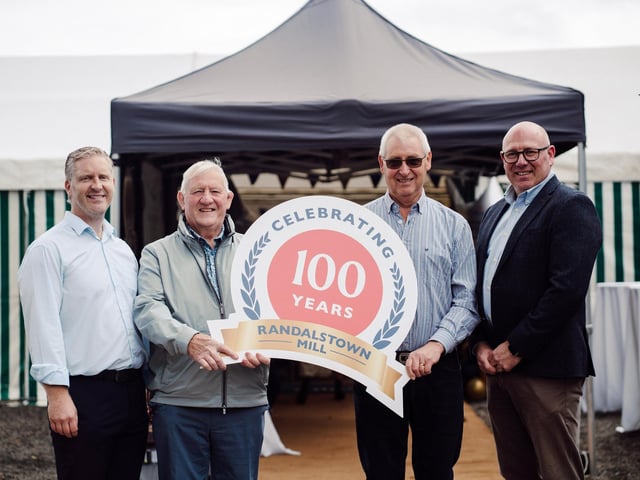 Rolling back the years, Gary McIntyre, head of Feed Milling and Agri Poultry Estate operations at Pilgrim’s Europe, pictured at the recent Randalstown Feed Mill celebrations with former mill managers Brian McAlynn, Willis Mackey, and Alan Johnston