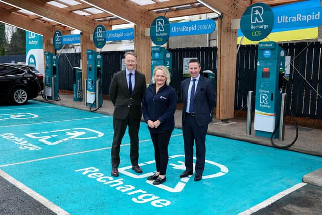 Maxol, Northern Ireland’s leading family-owned forecourt and convenience retailer, has completed its transformation of Maxol Braid River Service Station in central Ballymena following an investment of £2.35 million.  Pictured are Kevin Paterson, retail manager NI, Maxol with Nicola Farrell, Braid River site manager and Brian Donaldson, chief executive Officer, Maxol