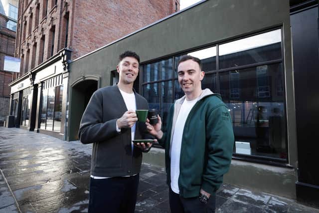Owners of Nine Squared Belfast Neil Cole and Sean McDonnell are pictured at the announcement that the local independent coffee house is set to create 10 new jobs in Belfast when it opens its second location in early 2025 following an initial investment of £300,000