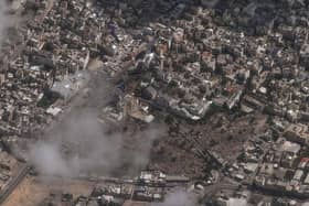 This image provided by Maxar Technologies shows an overview of al-Ahli Hospital after explosion in Gaza City