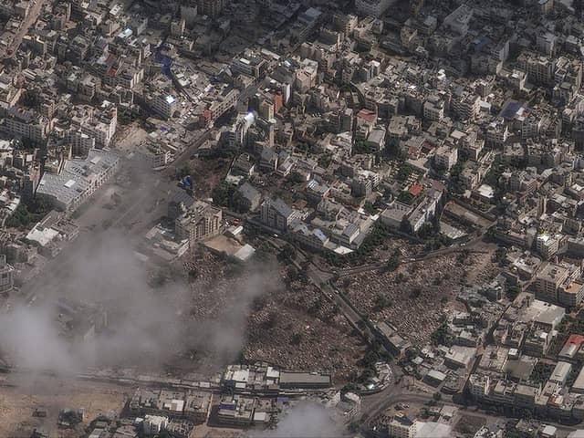 This image provided by Maxar Technologies shows an overview of al-Ahli Hospital after explosion in Gaza City