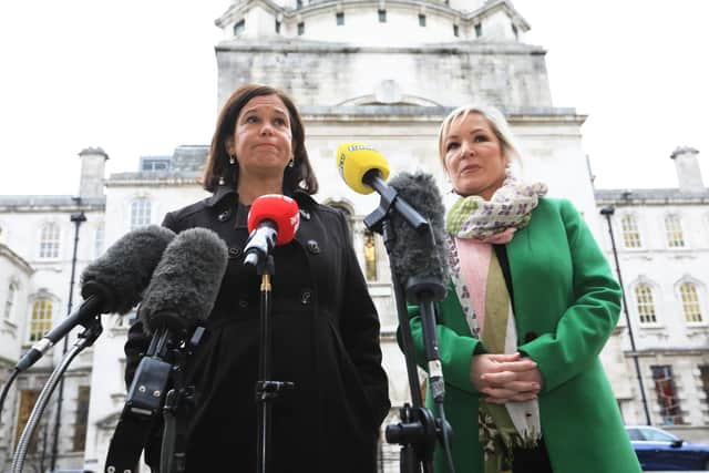 Sinn Fein Party leader Mary Lou McDonald (left) with Sinn Fein vice president Michelle O'Neill speaking to the media at Belfast City Hall. Mary Lou McDonald blamed her exclusion from Belfast political talks on "British Tory petulance". Picture date: Wednesday January 11, 2023.