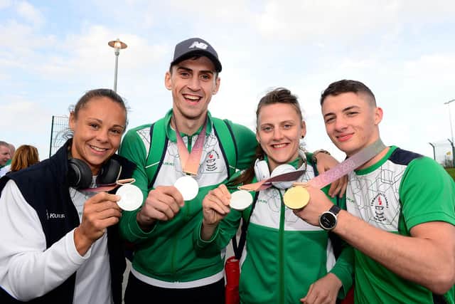 Team Northern Ireland arrive home from the 2018 Commonwealth Games. From left are Carly McNaul, Aidan Walsh, Michaela Walsh and Rhys McClenaghan. (Photo by Arthur Allison/Pacemaker Press)