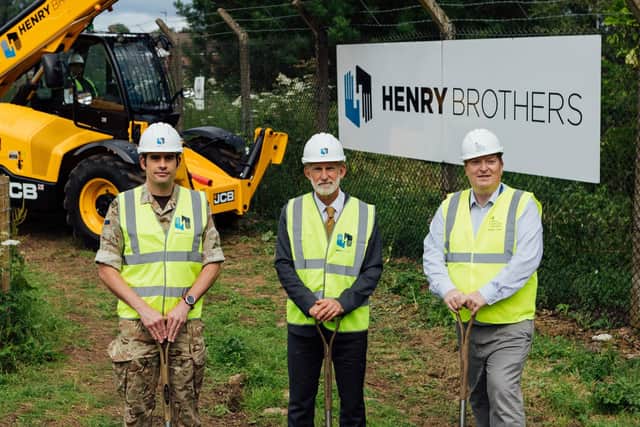 Contractor Henry Brothers Construction has broken ground on a £22.5m scheme at Beacon Barracks in Staffordshire. The company is delivering new facilities at the Ministry of Defence site for 280 (NATO) Signal Squadron – the only British Army unit permanently assigned to NATO. Pictured are Major Rich Wall, 280 Signal Squadron, Matt Galas, NATO and Barry Ray the Defence Infrastructure Organisation (DIO) (Chris Terry photography)