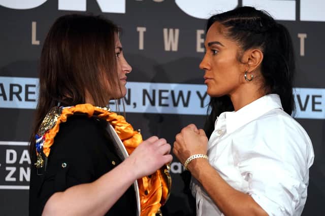 Katie Taylor (left) and Amanda Serrano, whose rematch in May has been called off because of an injury to the Puerto Rican.