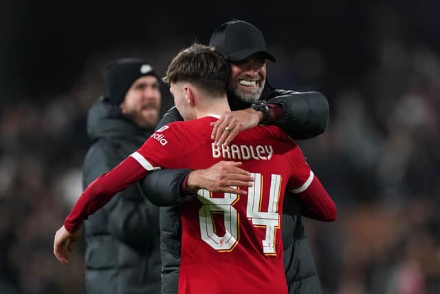 Liverpool manager Jurgen Klopp embraces Northern Ireland star Conor Bradley following the Carabo Cup semi-final clash with Fulham