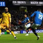 Rangers' Abdallah Sima scores his side's opening goal of the game against Livingston in the Viaplay Cup quarter-final match at Ibrox