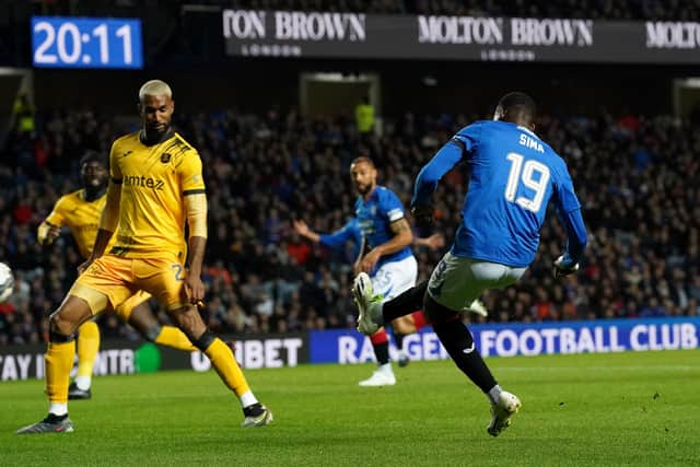 Rangers' Abdallah Sima scores his side's opening goal of the game against Livingston in the Viaplay Cup quarter-final match at Ibrox