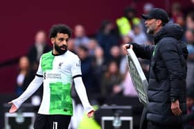 Mohamed Salah and manager Jurgen Klopp during Liverpool's 2-2 draw with West Ham United. (Photo by Justin Setterfield/Getty Images)