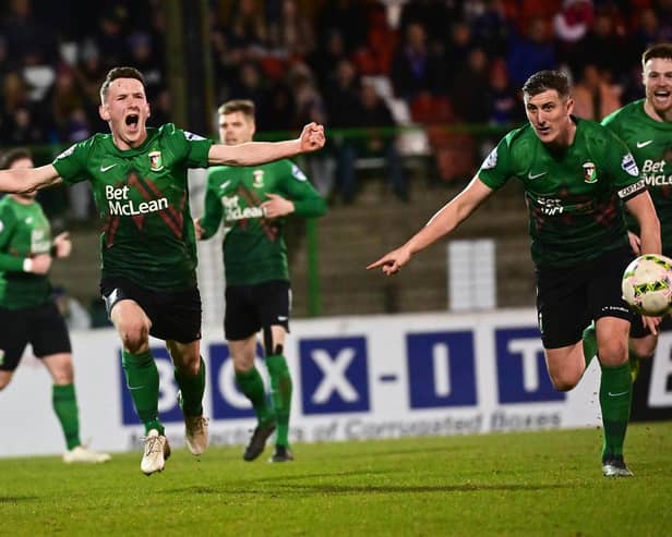 Bobby Burns celebrates scoring against Linfield. PIC: Colm Lenaghan/Pacemaker