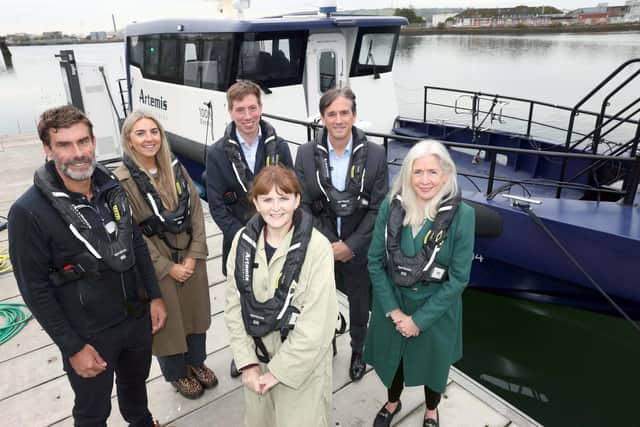 Economy Minister Dr Caoimhe Archibald is pictured with Dr Iain Percy, chief executive Officer, Artemis Technologies; Emma McKenna, head of sustainable manufacturing, Advanced Manufacturing Innovation Centre (AMIC), Joe Devlin, corporate development manager at Energia Group, Mike Dawson, people & digital transformation director, Belfast Harbour and Dr Katrina Thompson, director, UK Digital Twin Centre