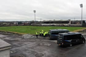 A delegation from the organisers of the Euro 2028 football tournament on site at Casement Park on Wednesday afternoon for an early inspection of the venue. Pic: Pacemaker