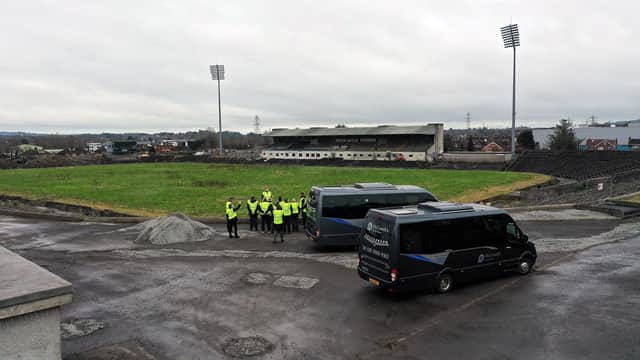 A delegation from the organisers of the Euro 2028 football tournament on site at Casement Park on Wednesday afternoon for an early inspection of the venue. Pic: Pacemaker