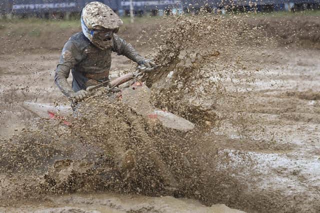 Jack Meara powers the Moto-Cycle GasGas through the wet and tricky conditions at Lyng. Picture: Chris Carter