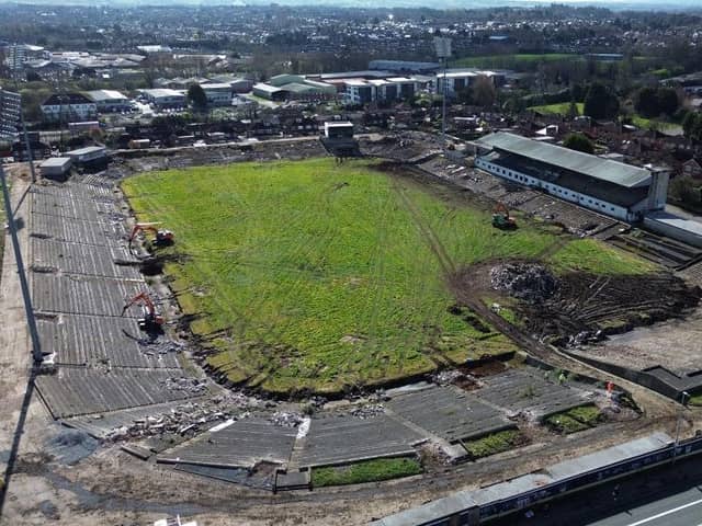 An aerial view shows redevelopment works at Casement Park stadium in Belfast on March 19, 2024 (photo by PAUL ELLIS/AFP via Getty Images)