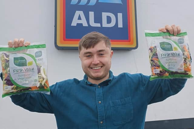Matthew Johnston, account executive with Gilfresh Produce is pictured launching the new Gilfresh Fresh Value Rainbow Vegetable Stir-Fry which is available now from Aldi Ireland stores