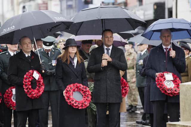 (from left) Northern Ireland Secretary Chris Heaton-Harris, Head of the Northern Ireland Civil Service Jayne Brady, Taoiseach Leo Varadkar and Consul General Belfast James Applegate during the Remembrance Sunday service at the Cenotaph in Enniskillen. Picture date: Sunday November 12, 2023.