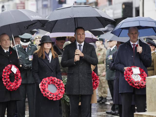 (from left) Northern Ireland Secretary Chris Heaton-Harris, Head of the Northern Ireland Civil Service Jayne Brady, Taoiseach Leo Varadkar and Consul General Belfast James Applegate during the Remembrance Sunday service at the Cenotaph in Enniskillen. Picture date: Sunday November 12, 2023.