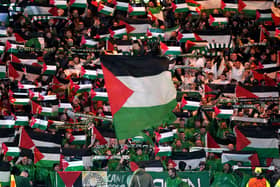 Celtic fans in the stands wave flags of Palestine during Wednesday's Champions League game against Atletico Madrid