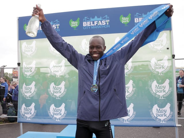 Winner of the mens race in the Moy Park Belfast City Marathon - Mathew Kiplimo Kemboi