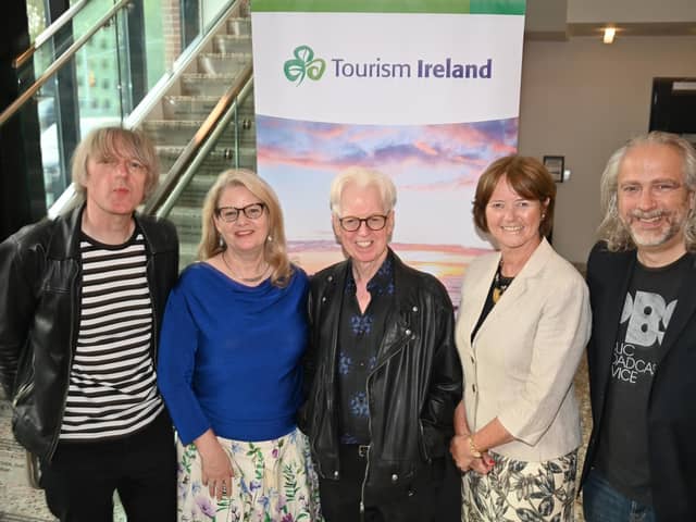 Glenn Patterson, Good Vibrations writer; Ruth Moran, Tourism Ireland; Larry Kirwan, Sirius Radio presenter; Alison Metcalfe, Tourism Ireland and Kevin O’Leary, PBS TV Producer, at the Good Vibrations preview show in the Irish Arts Center, New York on June 20