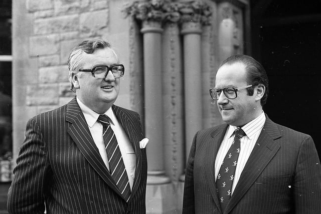 Mr Walter Goldsmith, right, director general of the Institute of Directors, pictured in January 1983 with Mr Billy Hastings, chairman of the Northern Ireland branch of the Institute of Directors, at the Culloden Hotel, Cultra. Picture: News Letter archives