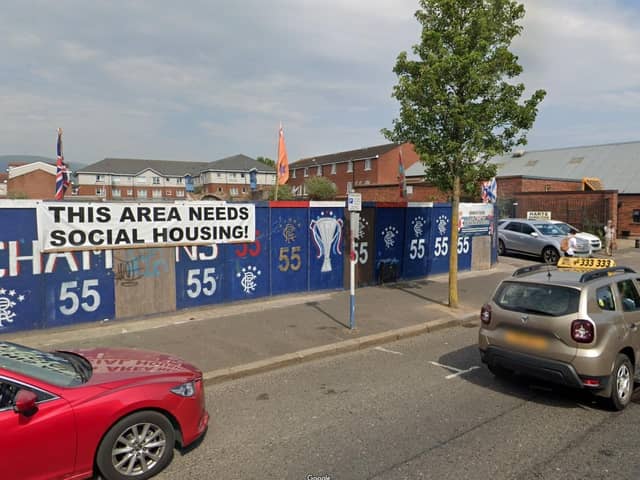 A roadside sign on Sandy Row appealing for more social housing. A planning application to build student accomodation up to 11 storeys high on a nearby car park has been refused. Objectors to the application said more social housing was needed in the area,
Photo: Googlemaps