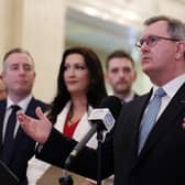From left, the new education minister Paul Givan, a ministry chosen by the DUP after Emma Little Pengelly was nominated as deputy first minister of Northern Ireland, and, right, the DUP leader Sir Jeffrey Donaldson, seen last Saturday at Stormont, when the party did not seek to get the position of finance minister, after Sinn Fein took economy