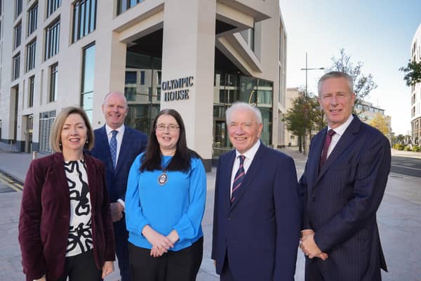 Pictured at the opening of Olympic House Dr Theresa Donaldson chair, Belfast Harbour, Joe O’Neill, chief executive, Belfast Harbour, Deputy Lord Mayor Cllr Michelle Kelly, Jonathan Hegan MBE, Olympic House Office Developments chairman and John Hansen, Titanic Quarter chairman