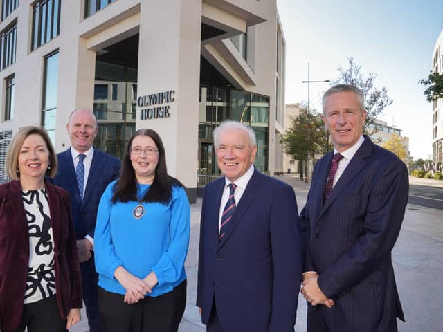 Pictured at the opening of Olympic House Dr Theresa Donaldson chair, Belfast Harbour, Joe O’Neill, chief executive, Belfast Harbour, Deputy Lord Mayor Cllr Michelle Kelly, Jonathan Hegan MBE, Olympic House Office Developments chairman and John Hansen, Titanic Quarter chairman