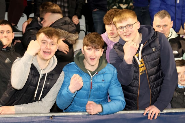 Ballymena supporters celebrates after their team defeated Larne at Seaview