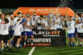 Limavady United celebrate a return home to The Showgrounds by lifting the Playr-Fit Championship trophy. (Photo by Paul Harvey/NIFL)