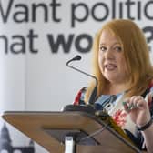 Alliance party leader Naomi Long speaks during the party's local government manifesto 2023 launch at CIYMS, Belfast