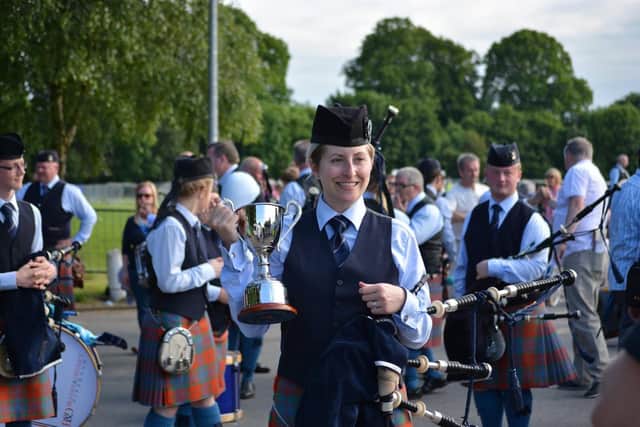 Meaghan Lyons performing with Bleary and District Pipe Band, one of the Northern Ireland bands she has played with during her 30-year piping career