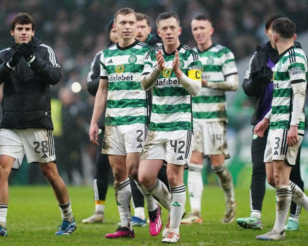 Celtic's Callum McGregor (centre) applauds the fans after the final whistle of the cinch Premiership match at Celtic Park, Glasgow