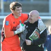 Glentoran's Andrew Mills and Tim McCann celebrate Saturday's win over Limavady United. (Photo by David Maginnis/Pacemaker Press)