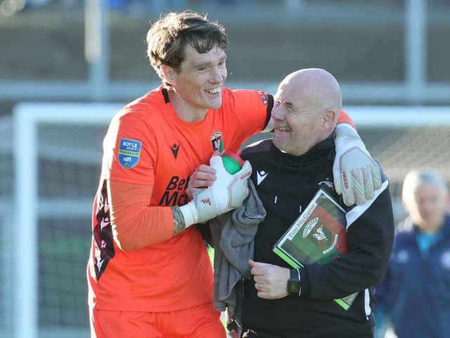 Glentoran's Andrew Mills and Tim McCann celebrate Saturday's win over Limavady United. (Photo by David Maginnis/Pacemaker Press)