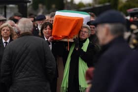 The casket of veteran republican Rose Dugdale, is carried to the Crematorium Chapel in Glasnevin, Dublin for her funeral service