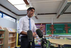 Prime Minister Rishi Sunak speaking to media as he visits Glencraig Integrated Primary School in Holywood, Co Down, during his trip to Northern Ireland
