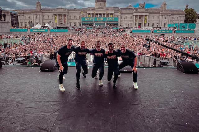 The Shamrock Tenors performing in front of 20,000 people in Trafalgar Square, London