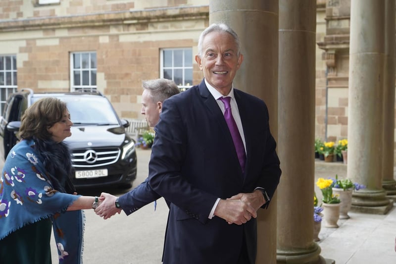 Tony Blair and Cherie Blair (left) arrive at a Gala dinner to recognise Mo Mowlam's contribution to the peace process and to mark the 25th anniversary of the Good Friday Agreement at Hillsborough Castle in Northern Ireland.