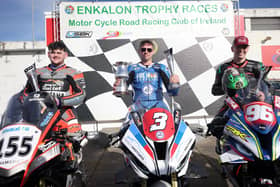 Ryan Gibson (Gibson Motors BMW) won the Enkalon Trophy at Bishopscourt from (left) runner-up Jonny Campbell (Magic Bullet Yamaha) and Dominic Herbertson (Burrows Engineering/RK Racing BMW)