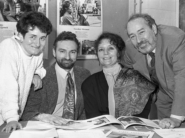 Publicising the President Mary Robinson Awards for the Design of Travellers Accommodation, which were announced in both Belfast and Dublin at the end of February 1992, are Pauline Leeson, Eastern Health Board, Paul Noonan and Nan Joyce, Council for Travelling People, and Professor Tom Wooley, Royal Society of Ulster Architects. Picture: News Letter archives