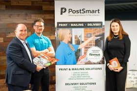 Paul Stanfield, firmus energy’s director of sales, marketing and customer services, Nathan Snell, PostSmart owner and Danielle Dunbar, firmus energy’s marketing manager. The local energy provider has selected Banbridge-based PostSmart as its preferred door drop delivery partner for literature promoting the many benefits that come from making the switch to natural gas