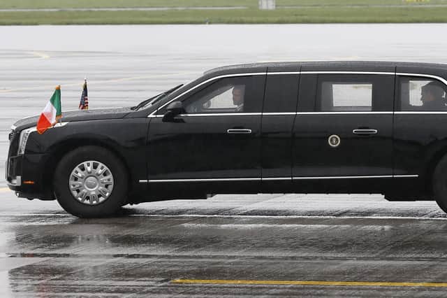 US President Joe Biden leaves Dublin Airport after flying in from Belfast. While in Northern Ireland his limousine only ever displayed the US flag, but ion arrival in the Republic of Ireland the vehicle displayed the Republic of Ireland national flag as well as the US one. Photo: Damien Storan/PA Wire