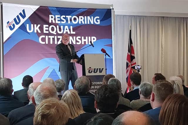 TUV leader Jim Allister addressing his party conference - under the theme of 'Restoring UK Equal Citizenship'
