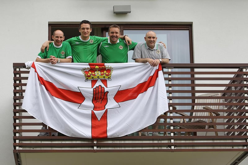 Northern Ireland fans from Lisburn on their hotel balcony in Maribor