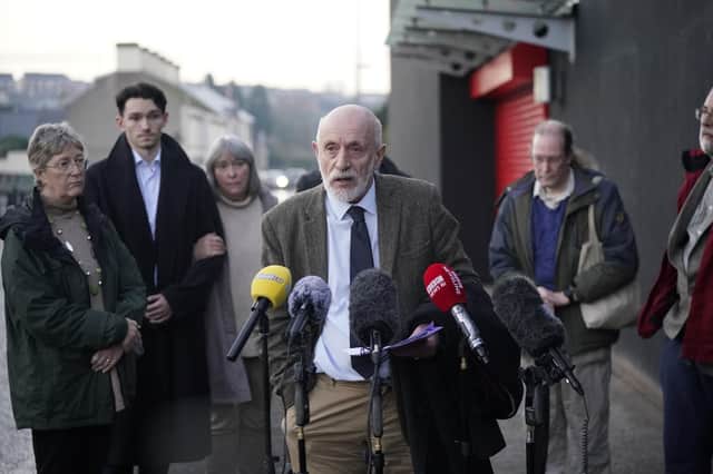Charles Little speaks outside the inquest into the deaths of his in-laws Michael and Lilian Cawdery, at Banbridge Courthouse, Co Down. The couple, both aged 83, died at their home in Portadown, Co Armagh, on May 26 2017. Thomas McEntee, 43, pleaded guilty to manslaughter on the grounds of diminished responsibility and was given a life sentence in 2018.
