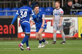 Thomas Galvin celebrates his goal for Dungannon Swifts against Newry City at Stangmore Park