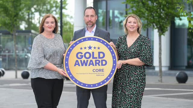 Allstate NI awarded Gold CORE accreditation for responsible business leadership from Business in the Community. Pictured are business engagement coordinator at Allstate NI Bernadette Haughey, vice president and managing director at Allstate NI Stephen McKeown and travel manager at Allstate NI Gillian Hinds